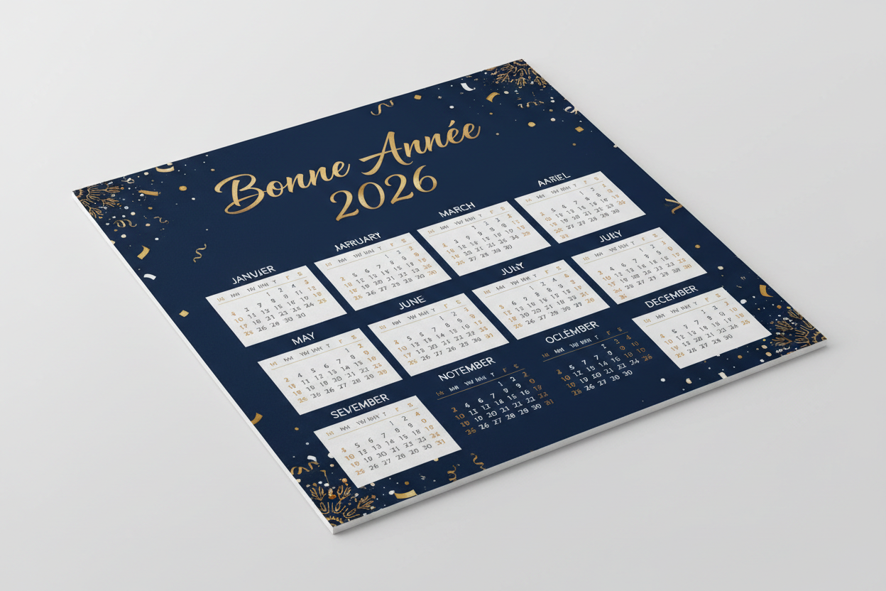 Calendrier personnalisé 2026 en carré avec bonne année