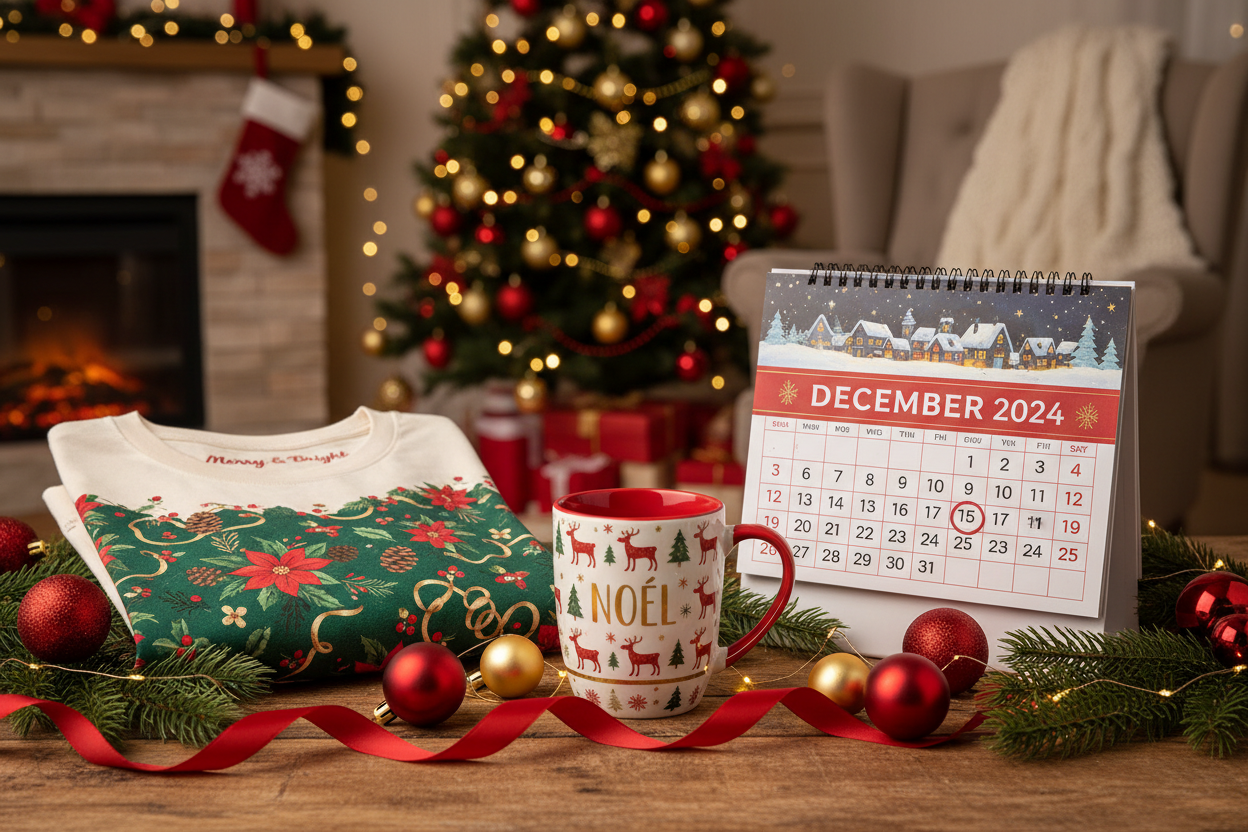 noel avec article de tasse t-shirt et calendrier 