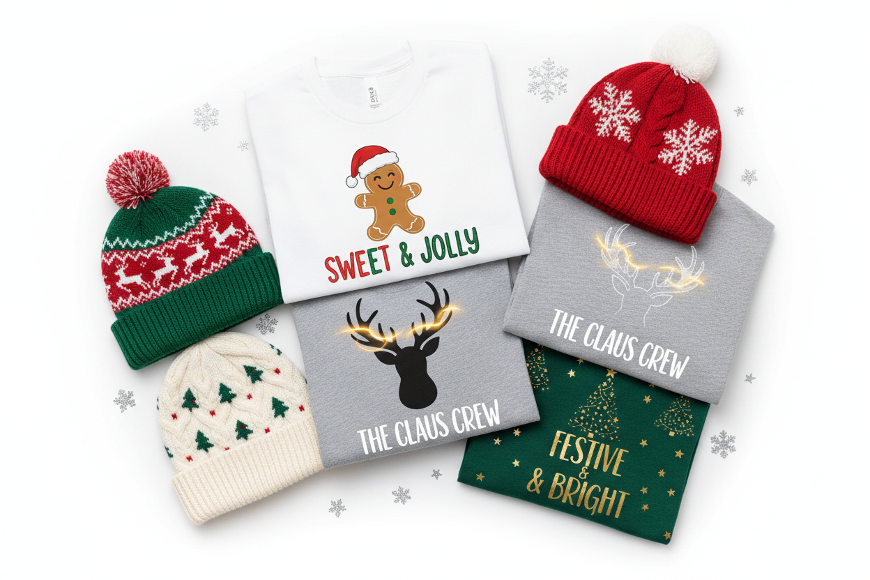 Pack 3 T-shirts personnalisés + 3 bonnets Noël
